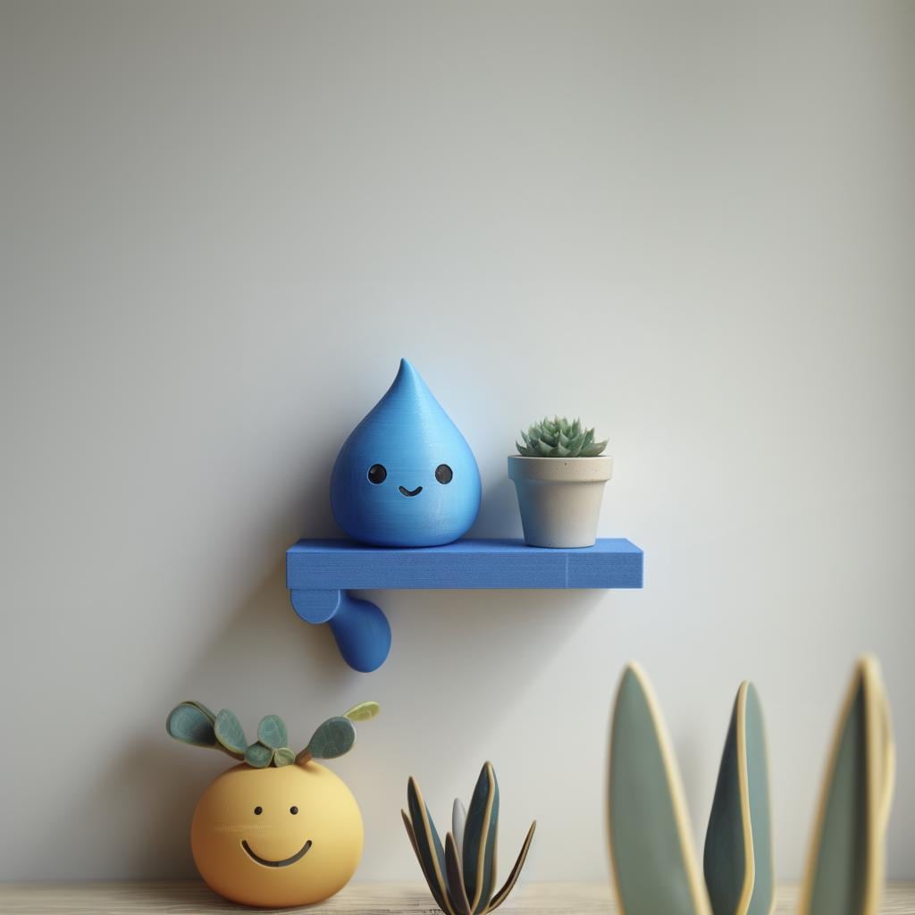 Water Drop Wall Shelf featuring small water drop character and a plant pot on a slim rectangular ledge