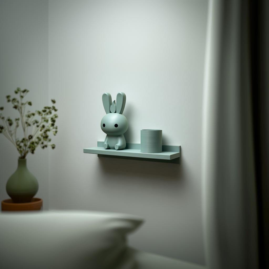 3D printed Bunny Buddy Wall Shelf with slim back edged ledge holding a rounded bunny character and a cylinder pot