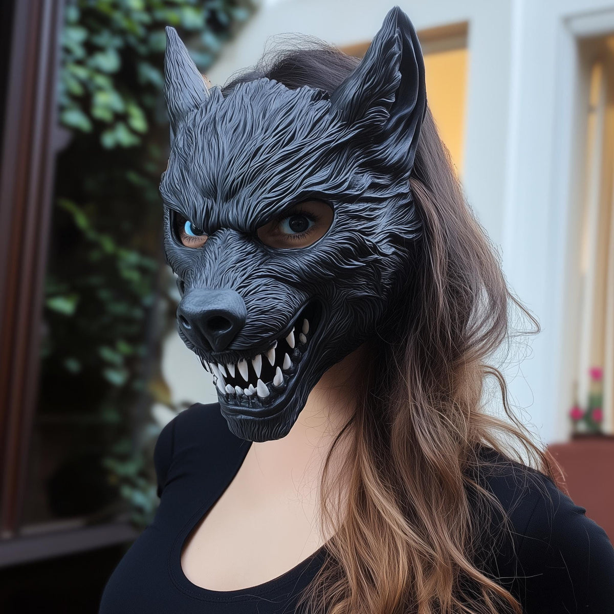 Woman wearing a detailed black 3D printed werewolf mask with sharp teeth and pointed ears, posing outdoors in a dark outfit.