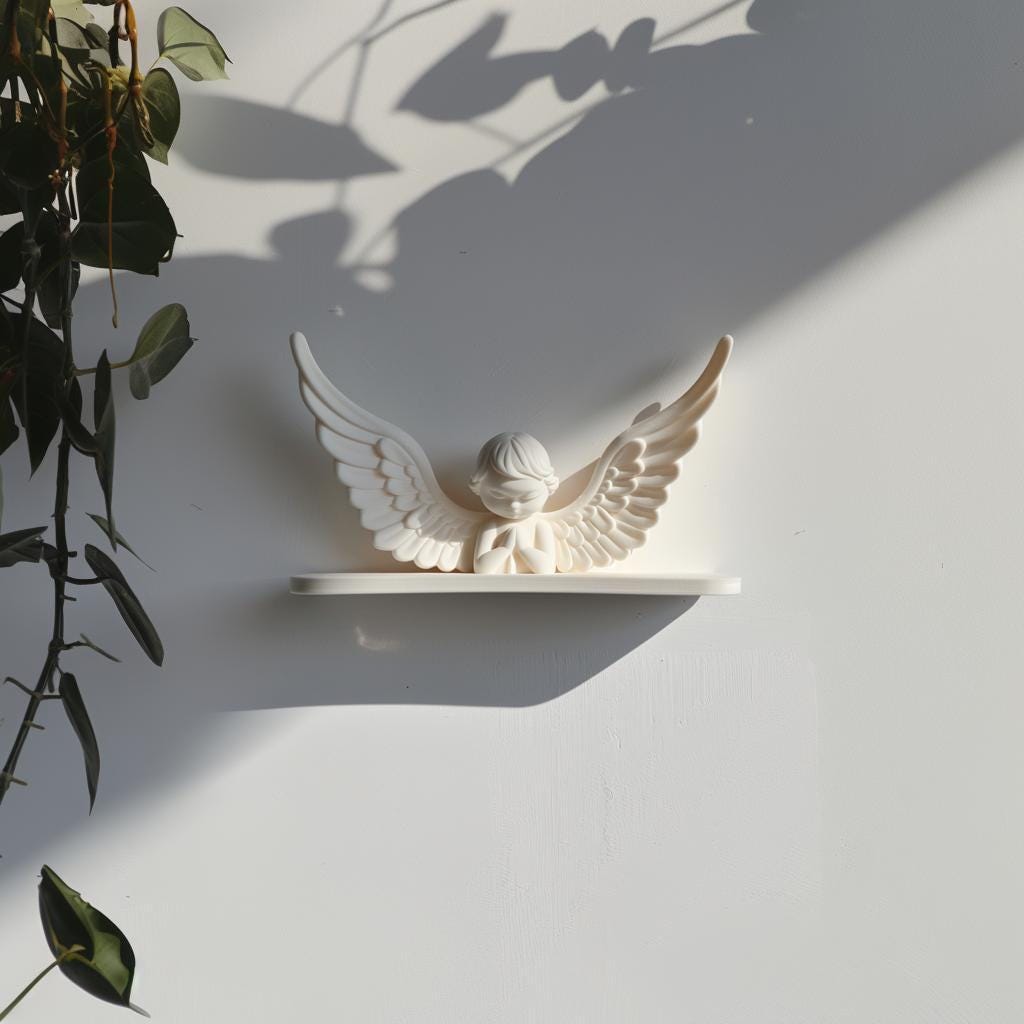 3D printed Angel Wing Wall Shelf with minimalist praying angel figure and wide wings and matte white PLA