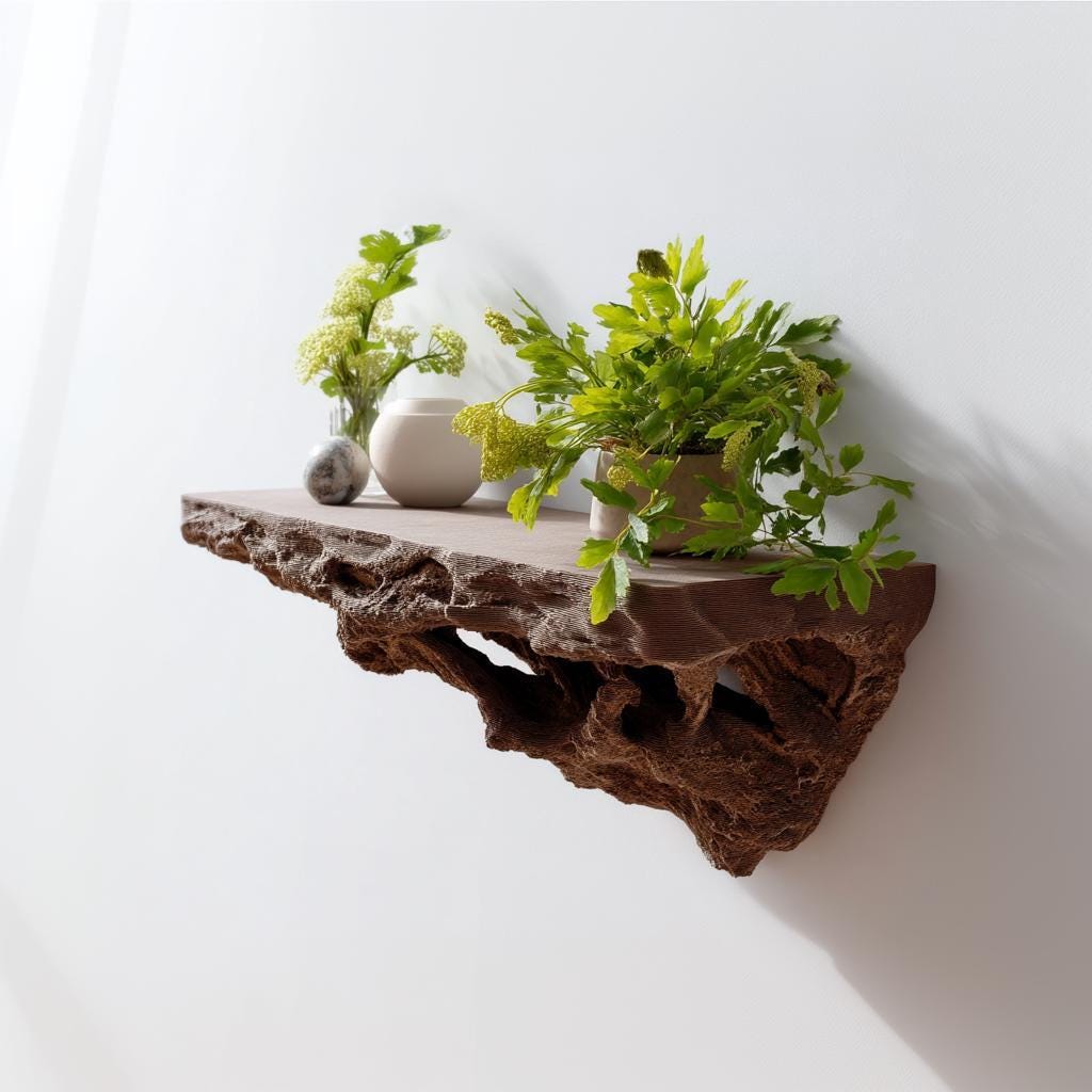 3D printed root inspired wall shelf with realistic root texture
