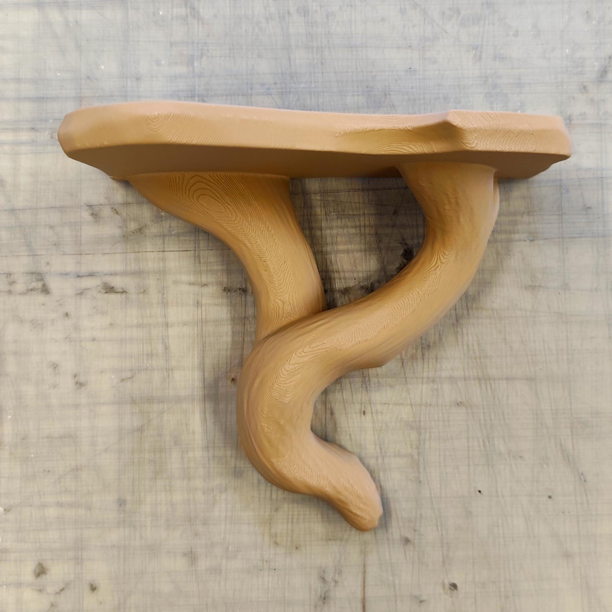 3D printed tree and vine wall shelf with twisted vine like base holding a potted plant