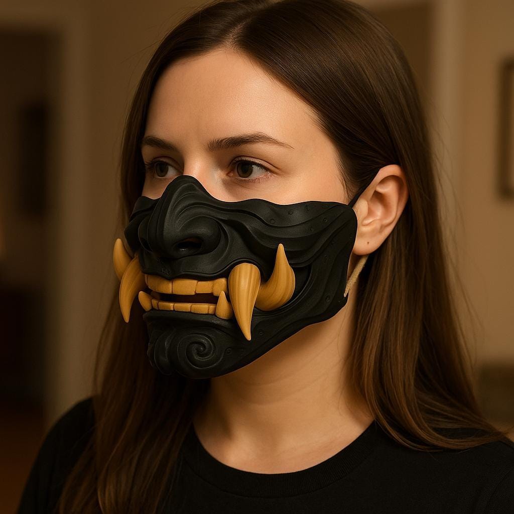 Oni Mempo Half Face Mask featuring black sculpted face with fierce golden tusks, for cosplay
