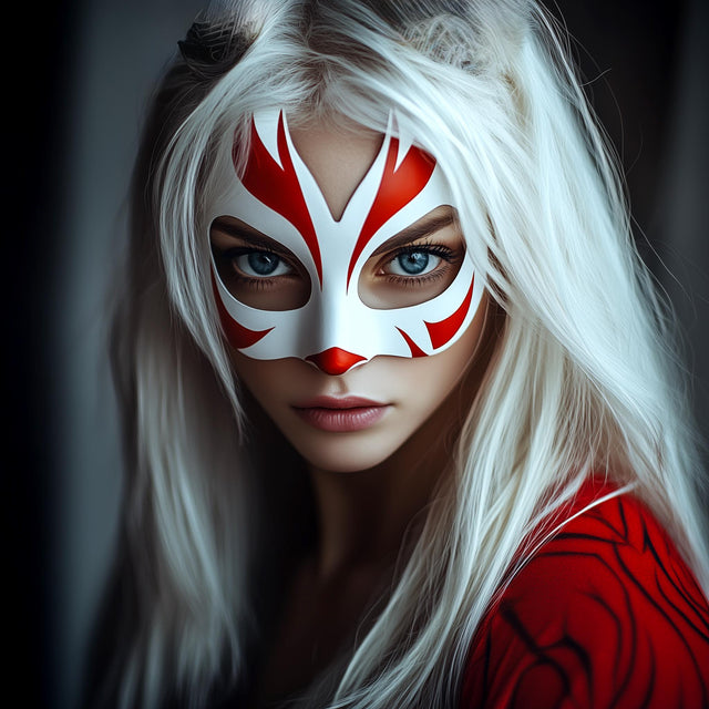 3D printed Kitsune fox half mask with pointed ears and Japanese folklore facial markings.