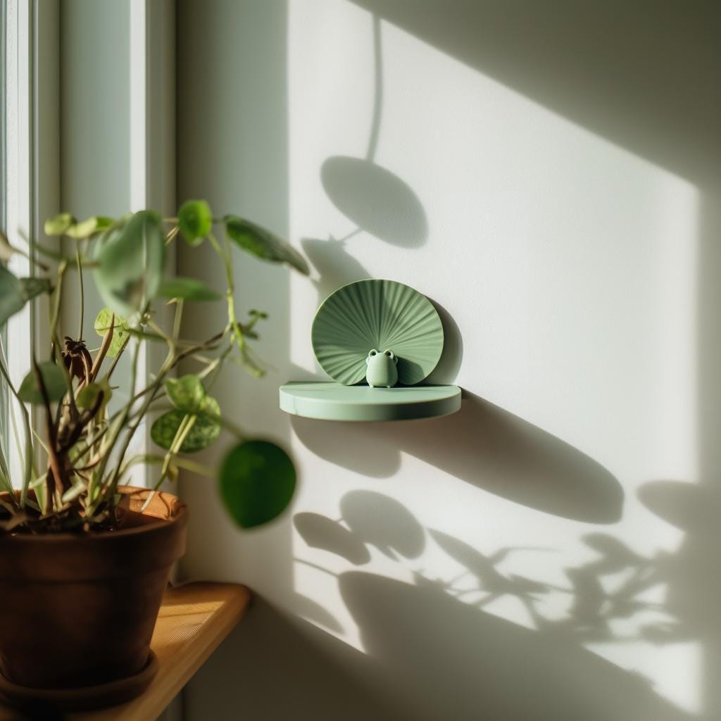 3D printed Frog Wall Shelf with round ledge and lily pad inspired backplate