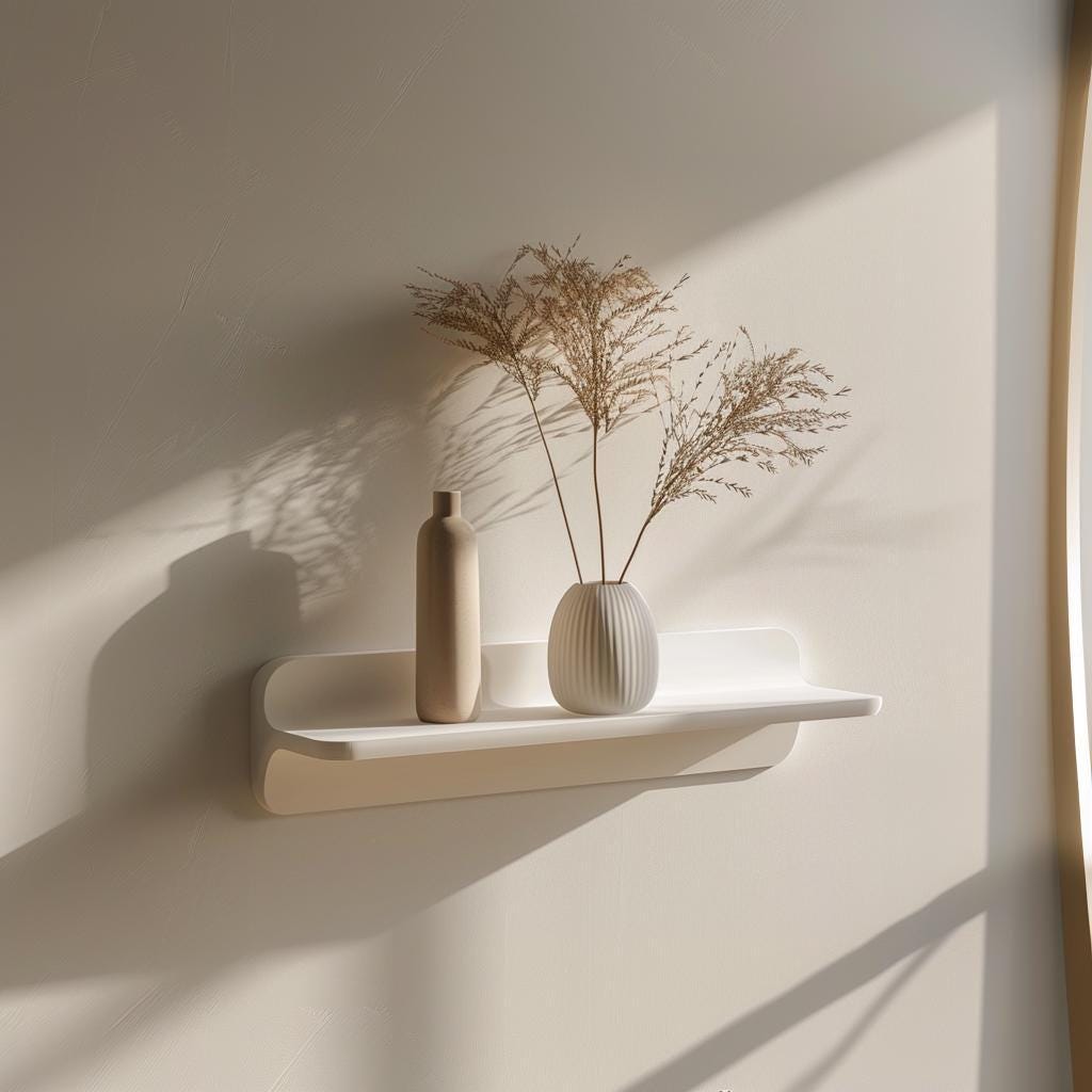 Decorative 3D printed floating wall shelf showing a small rounded display ledge for lightweight decorative objects