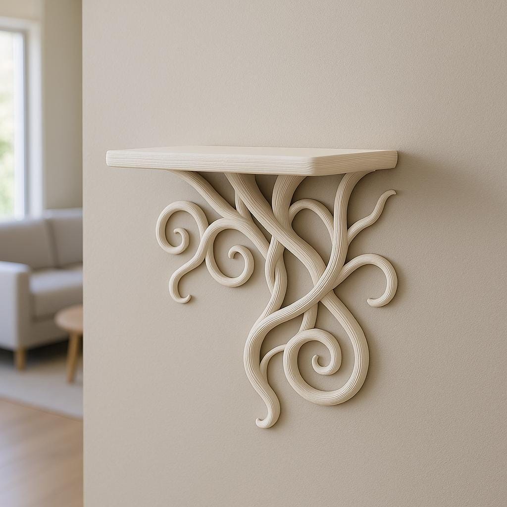 Product presentation view of 3D Printed Botanical Vine Wall Shelf.