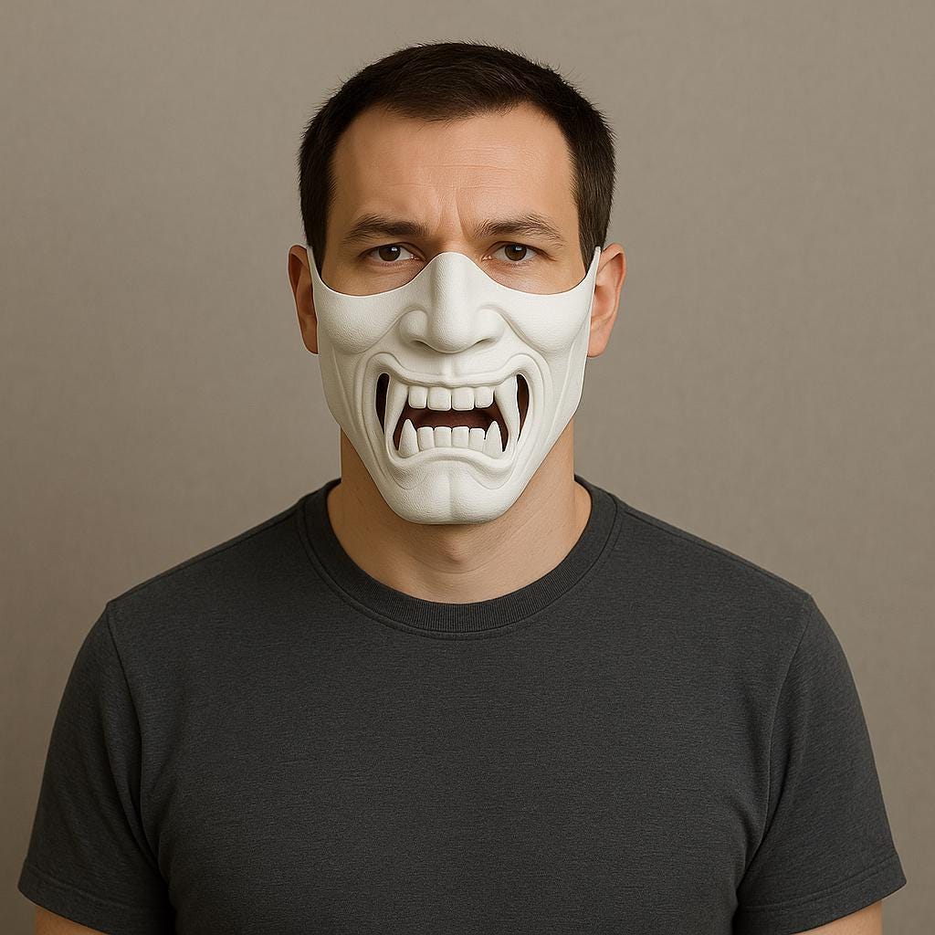 3D printed oni samurai half face mask with fierce fangs and intricate detailing, worn by a man in a dark shirt