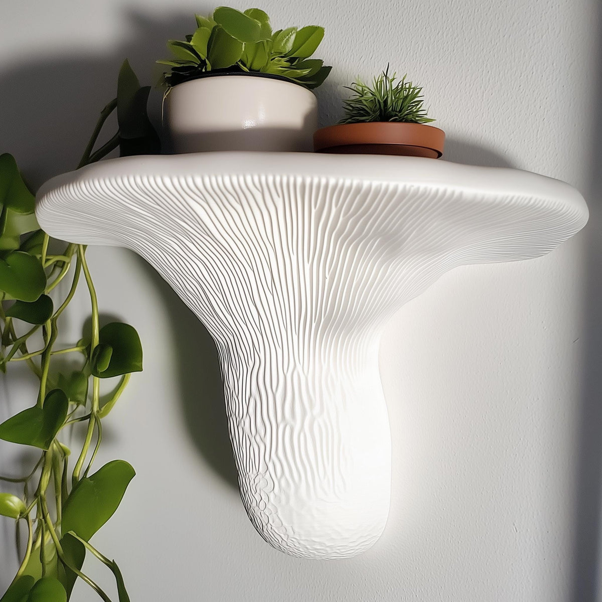 Product presentation view of 3D Printed Layered Mushroom Wall Shelf.