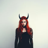 Physical tall curved demon horns headband designed with two tall textured horns with an upward curved fantasy silhouette
