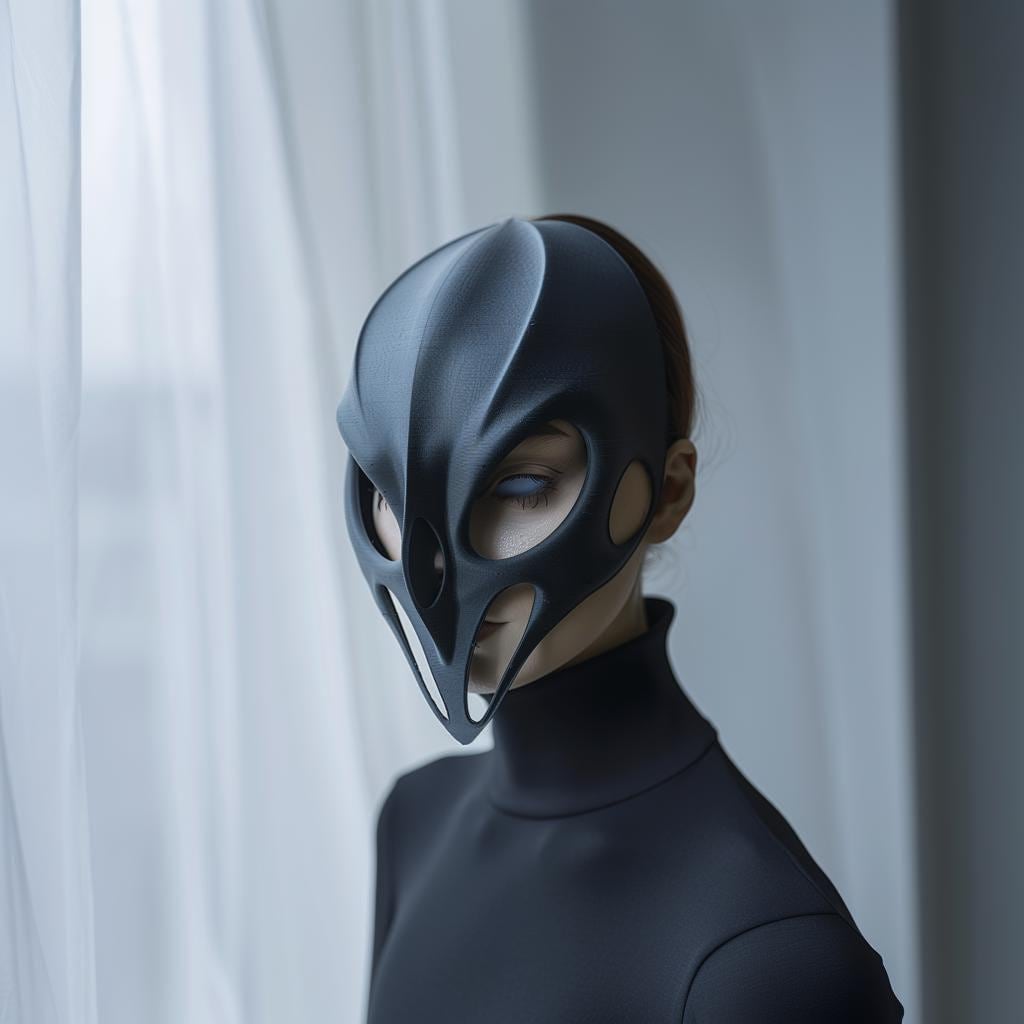 Gothic Sci Fi Costume Mask featuring gothic sculptural shape, worn by an adult model indoors