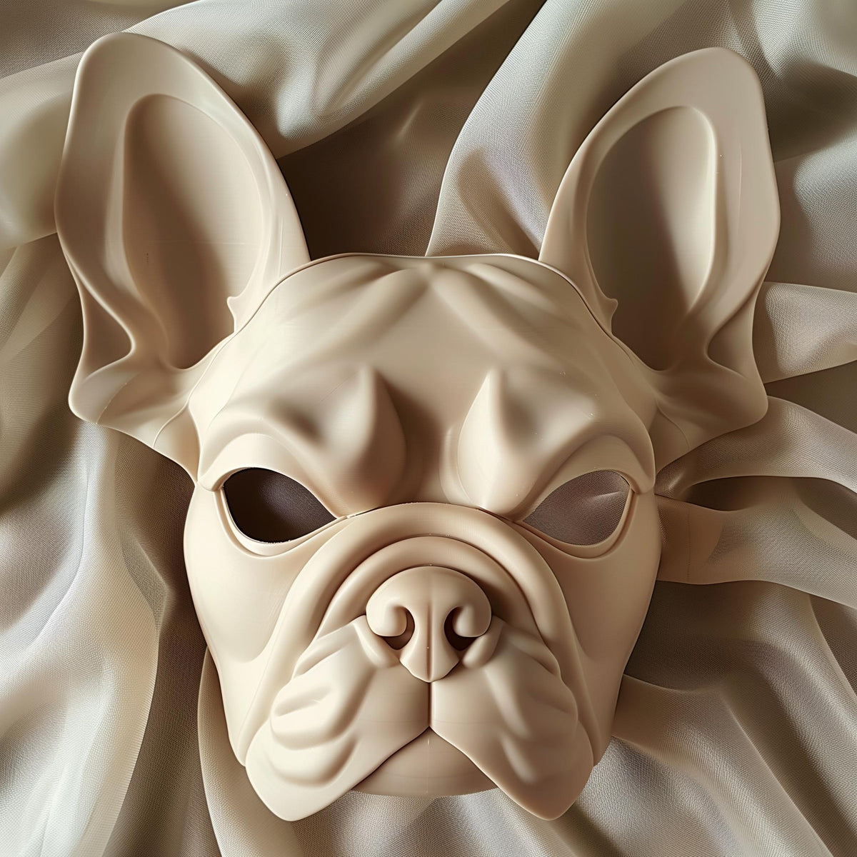 3D printed French bulldog mask made of matte beige PLA plastic, displayed on soft fabric background.