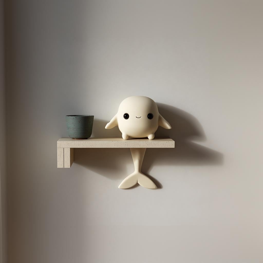 3D printed Whale Character Wall Shelf with small whale character on the ledge and a tail fin support beneath