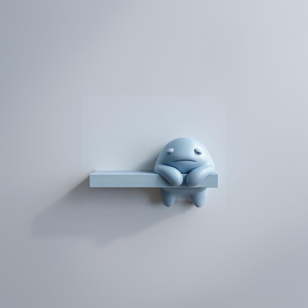 3D printed Moody Monster Wall Shelf with sad monster character integrated into a display ledge