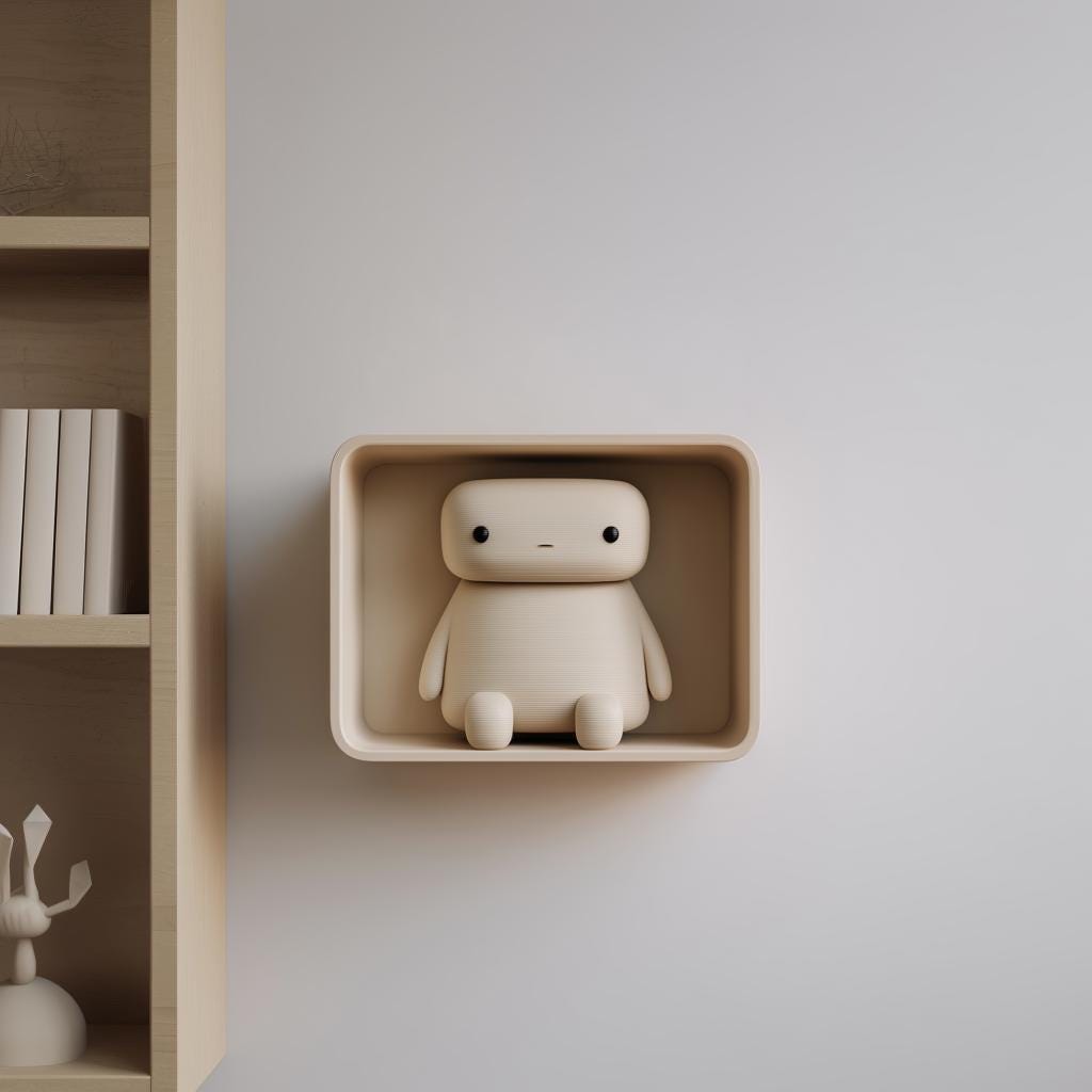 3D printed Character Niche Wall Shelf with rounded rectangular shelf and an integrated sitting character figure