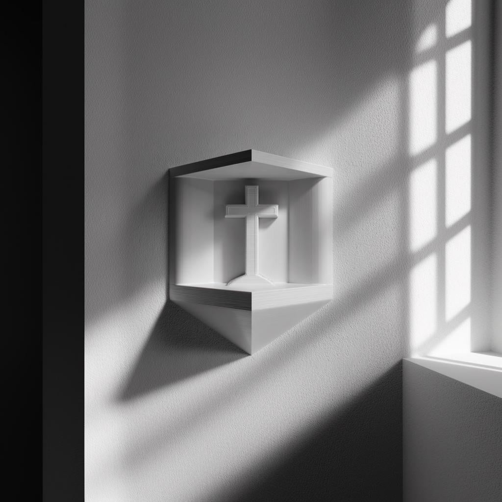 3D printed Cross Prayer Niche Wall Shelf with integrated cross standing inside a small geometric shelf
