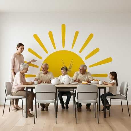 Minimalist yellow half-sun wall decal with stylized rays.
