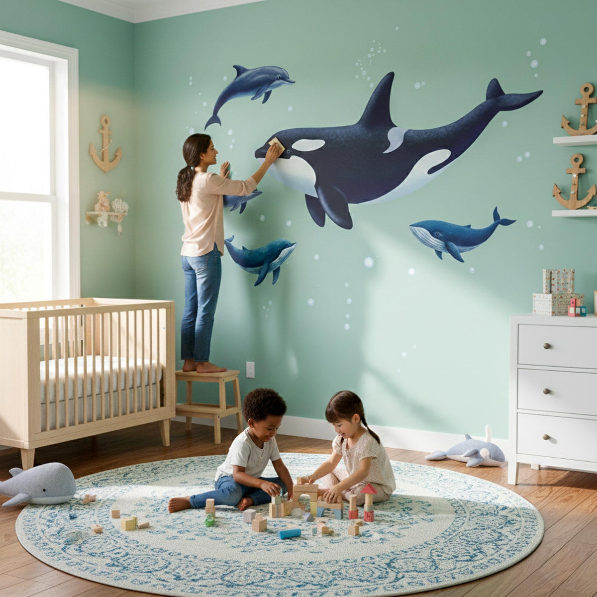 Realistic illustration of a large black and white orca swimming with two grey dolphins and two blue whales.