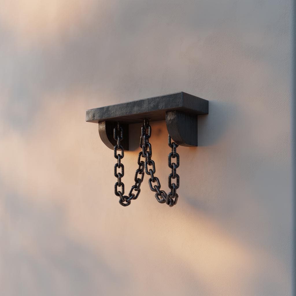 3D printed Double Chain Gothic Wall Shelf with decorative black chains hanging from the underside, mounted on a light colored wall