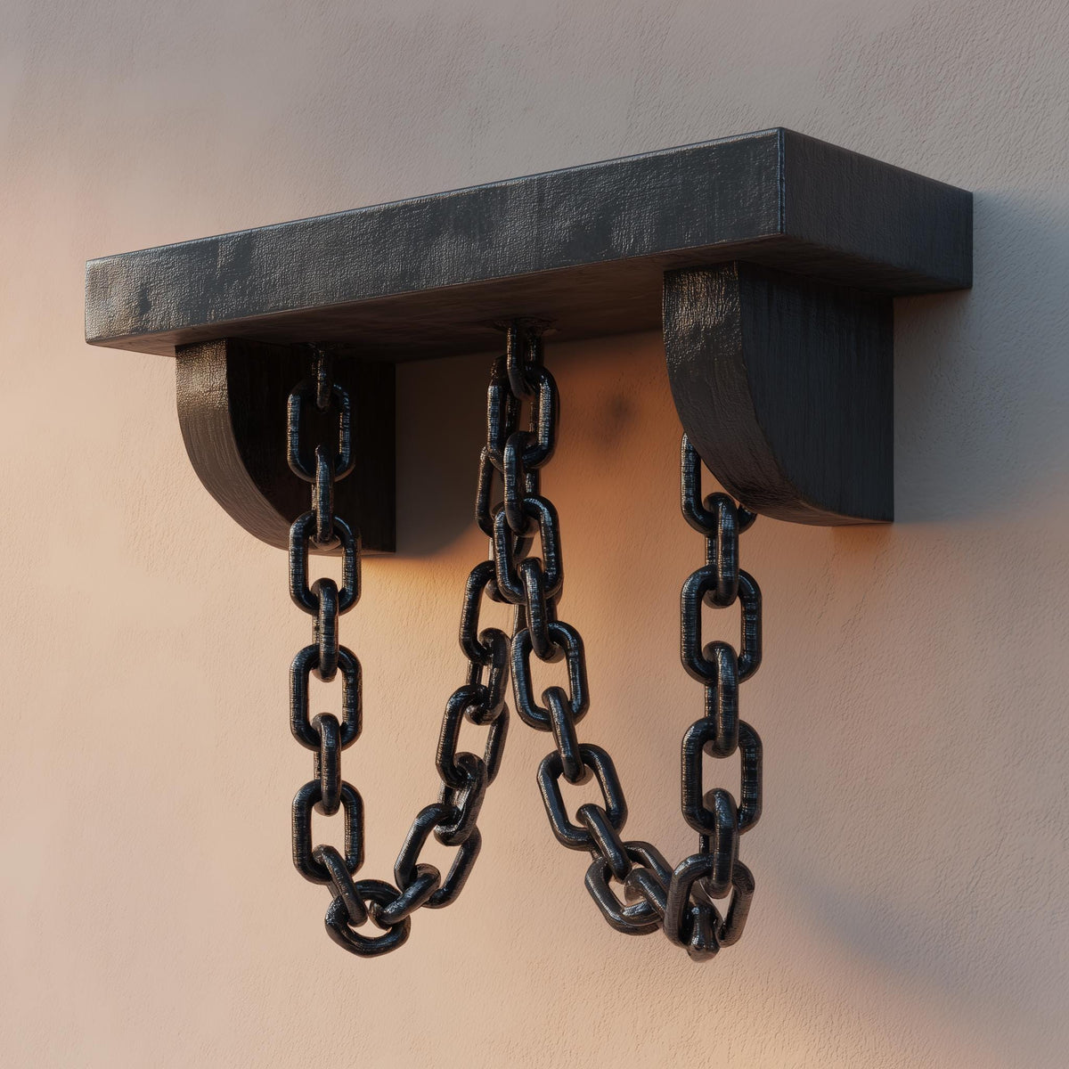 3D printed gothic wall shelf with decorative black chains hanging from the underside, mounted on a light-colored wall.