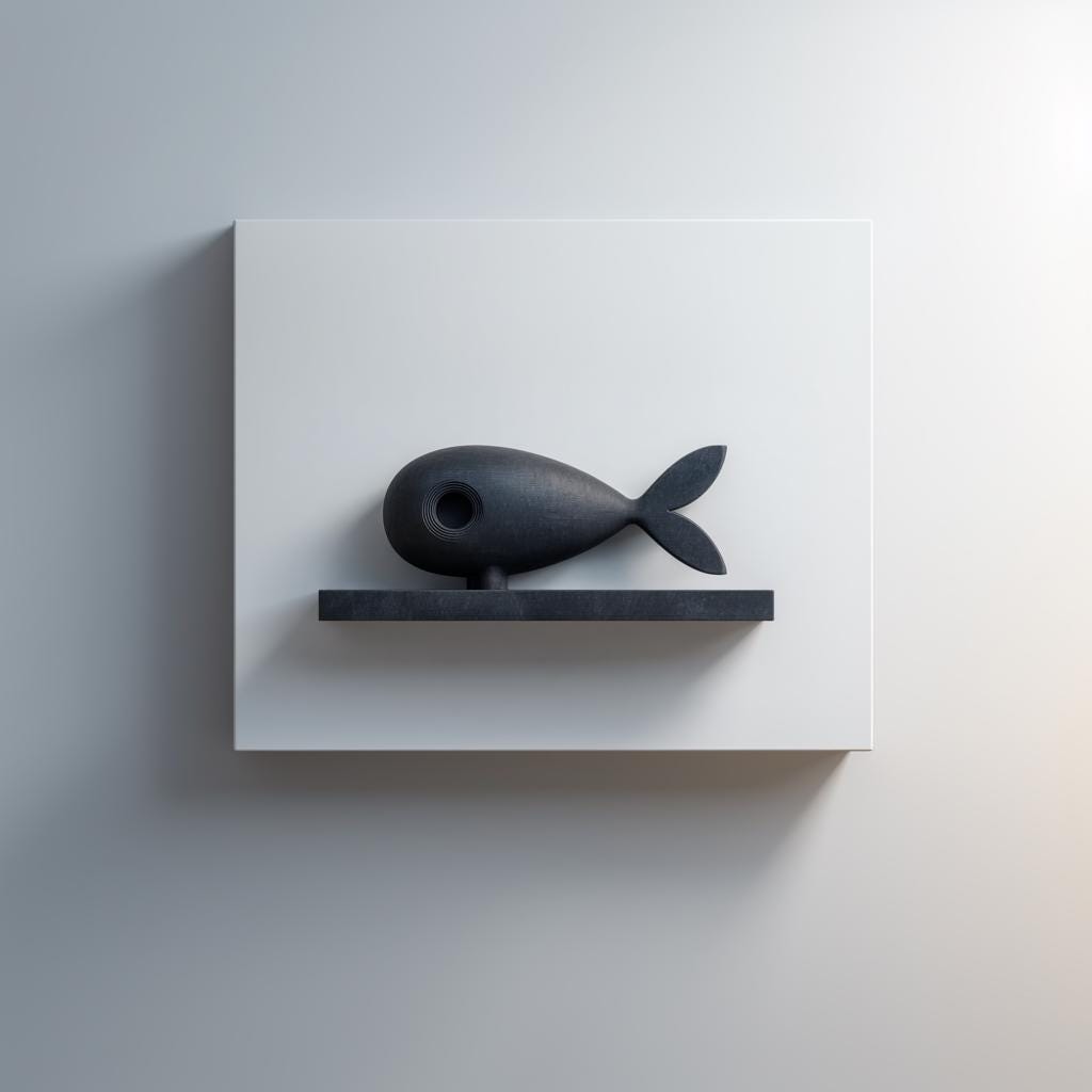 3D printed Fish Wall Shelf with stylized fish figure resting on a slim rectangular ledge