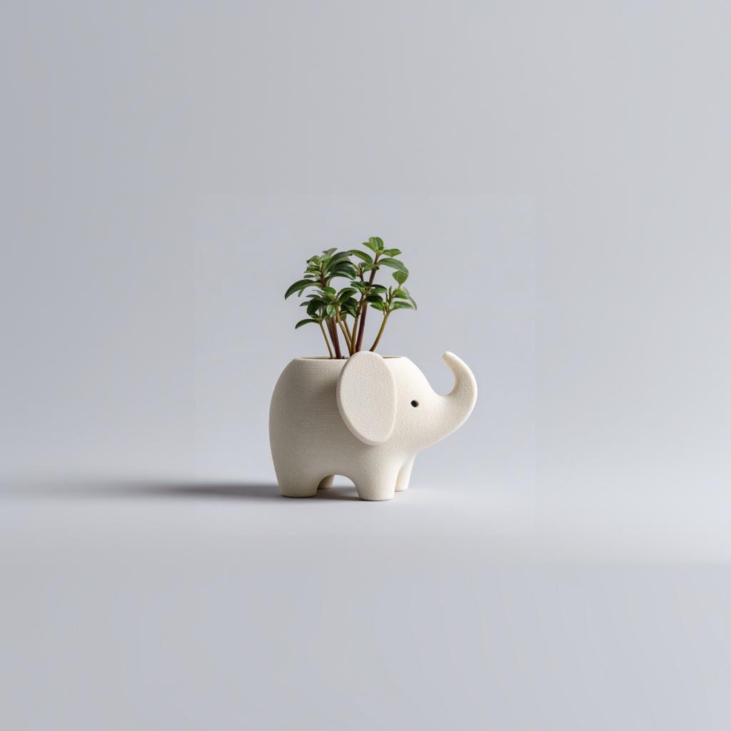 3D printed Elephant Planter with open top used as a small pot, standing on a neutral background