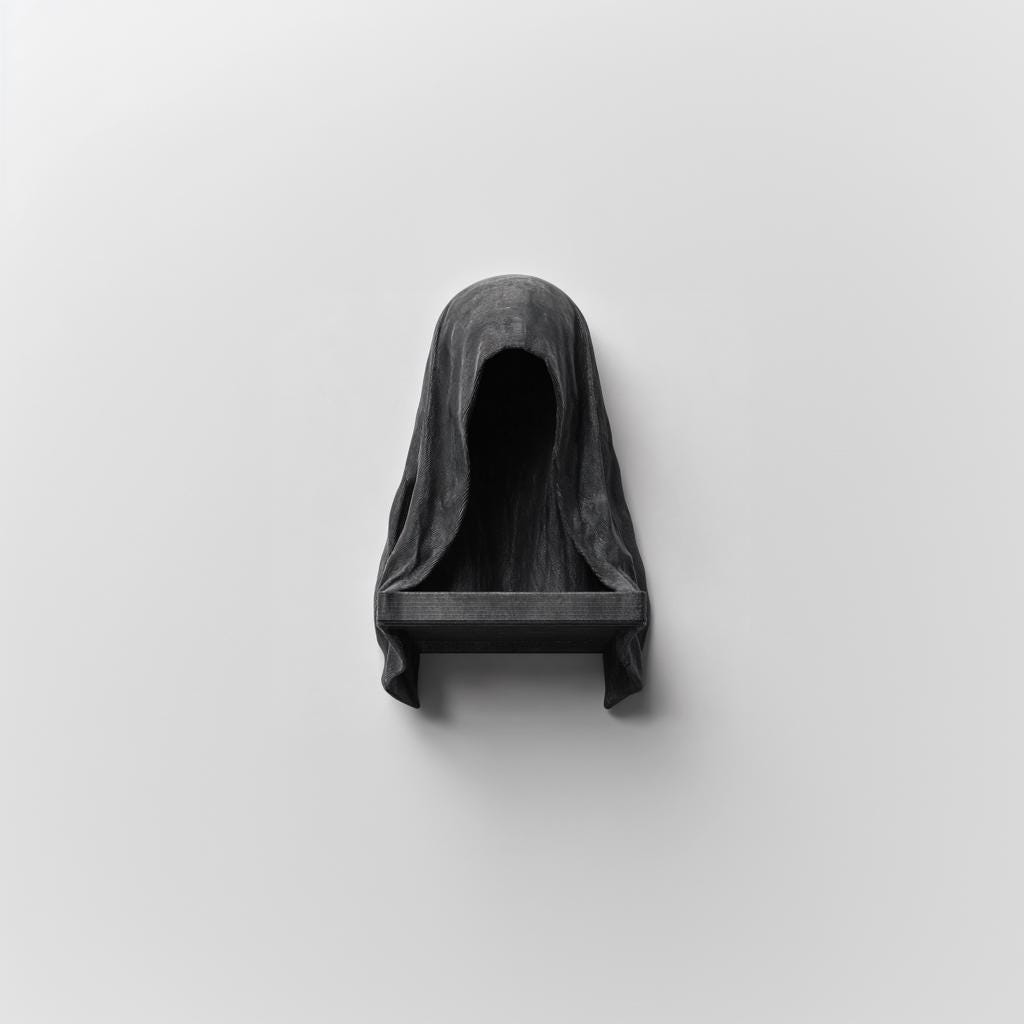 3D printed Grim Reaper Wall Shelf with dark empty face and a small ledge at the bottom
