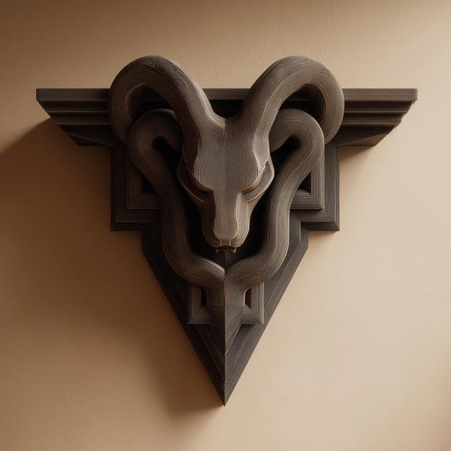 Gothic Ram Head Wall Shelf featuring stylised ram head and horns beneath a small display ledge