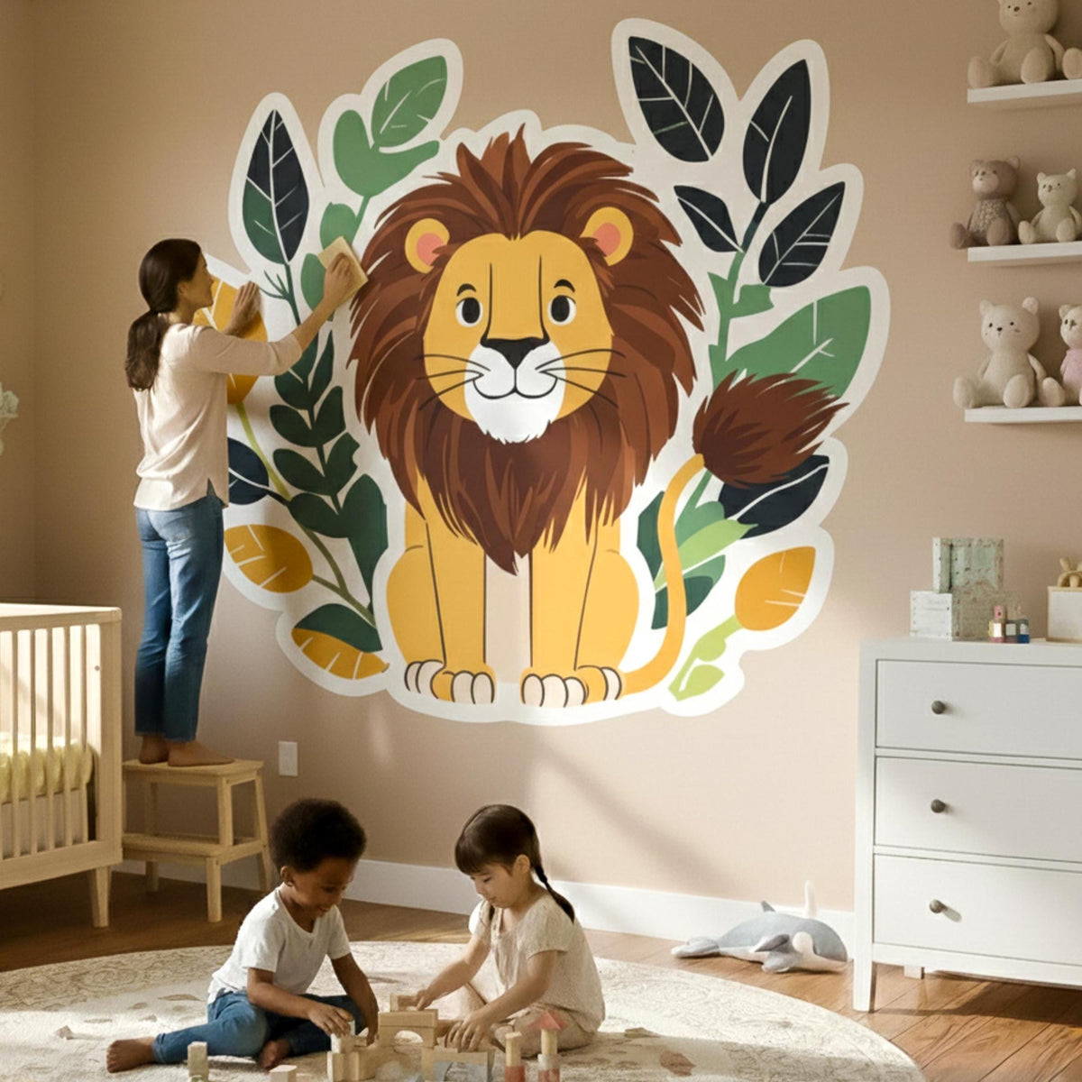 A cute, smiling cartoon lion with a brown mane sitting in front of a decorative wreath of dark green and light green.