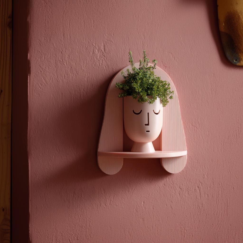 Decorative face wall shelf with a rounded arch and integrated plant pot
