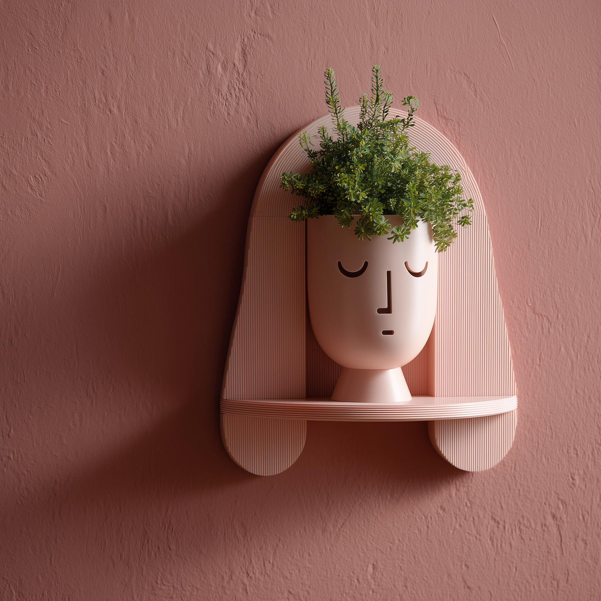 Wall-mounted 3D printed face-shaped planter shelf with a minimalist sculptural design, holding a small plant as decorative wall decor.
