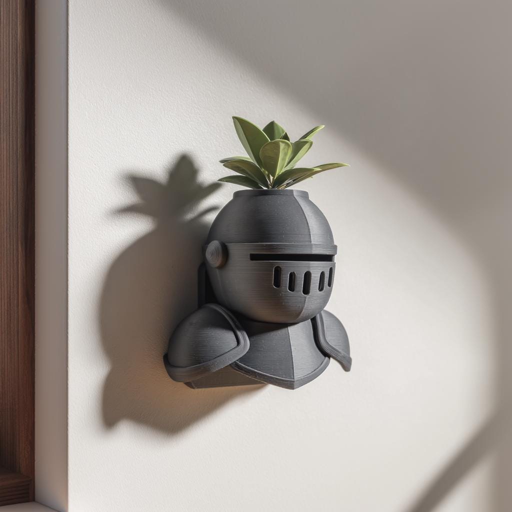 Medieval knight helmet shaped wall planter with a top opening for a small plant