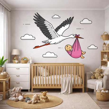 A flat-style illustration on a white background showing a large white stork with black-tipped wings flying through the air.