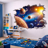 Design preview of space portal wall sticker with a glowing galaxy, planets and stars breaking through a jagged cracked wall