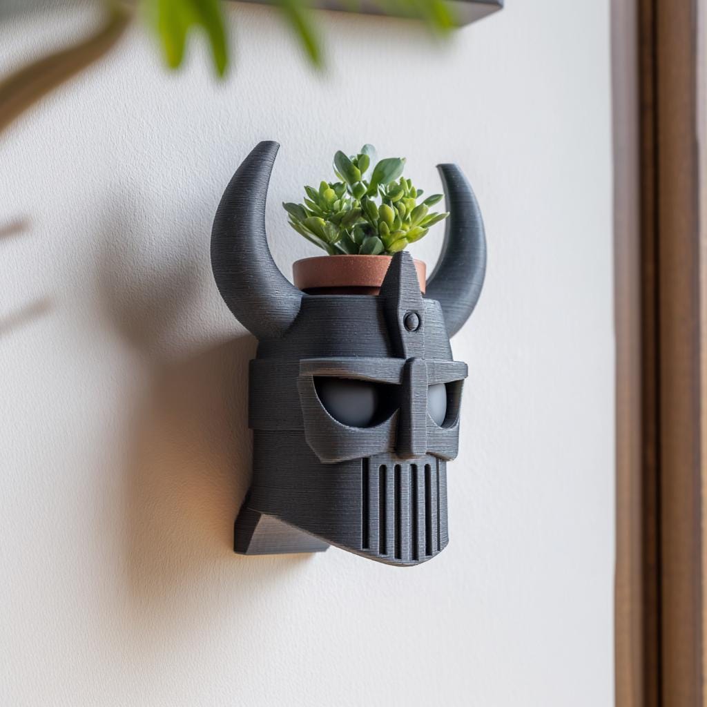 3D printed Viking Helmet Wall Planter with horned helmet design and small plant pot