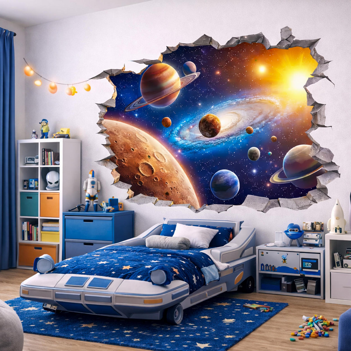 Illustrated space portal wall sticker depicting a glowing galaxy, planets and stars breaking through a jagged cracked wall