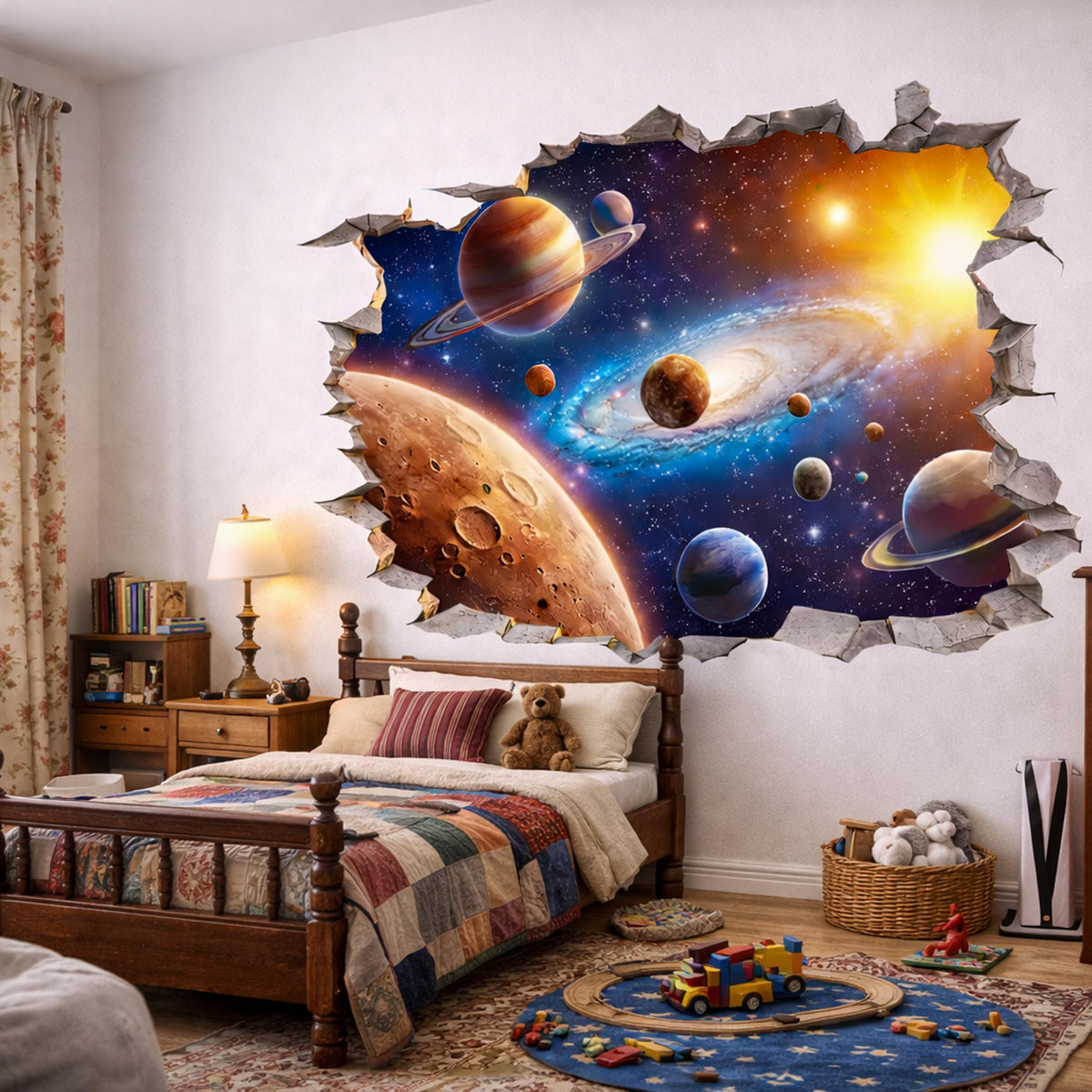 Printed vinyl artwork featuring a glowing galaxy, planets and stars breaking through a jagged cracked wall