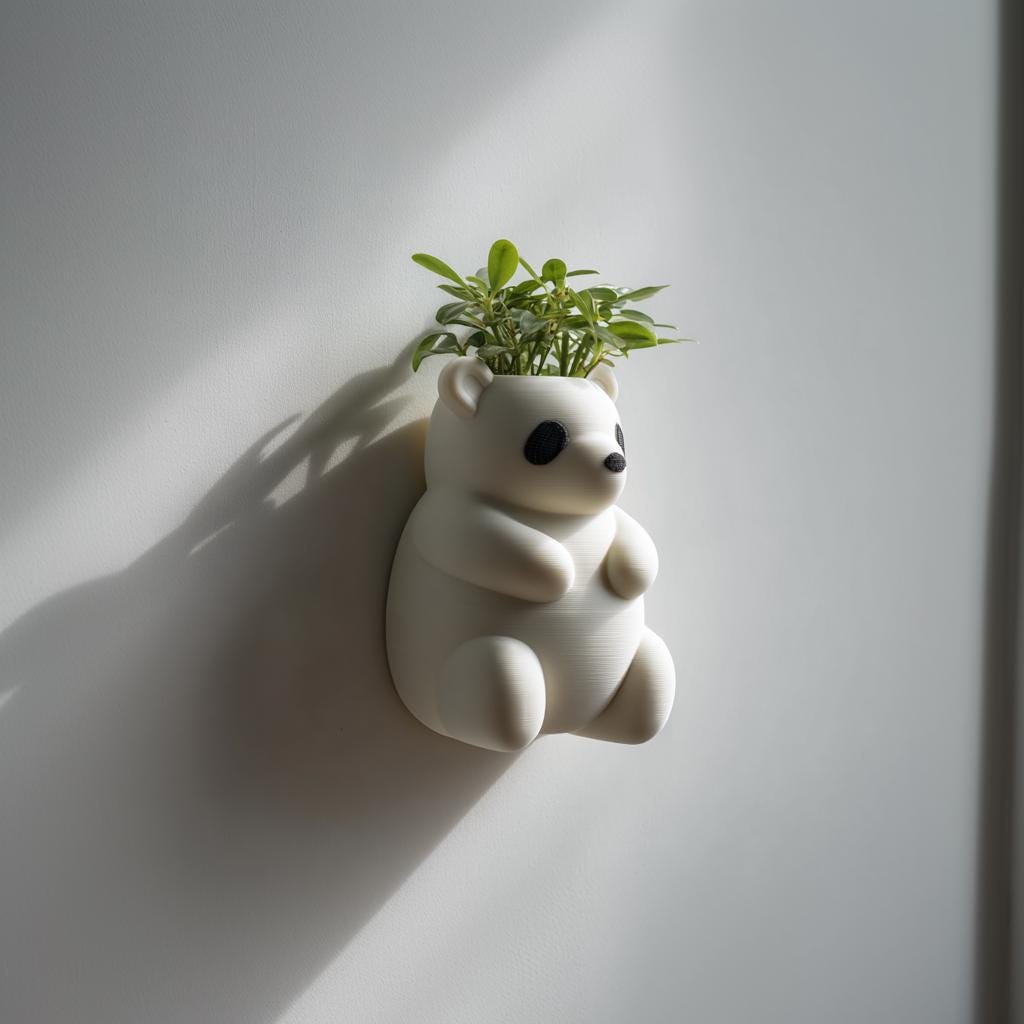 3D printed Full Body Panda Wall Planter featuring small green houseplant