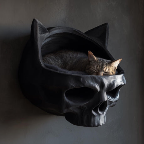 Skull Wall Cat Bed with enclosed sleeping cavity and integral ears