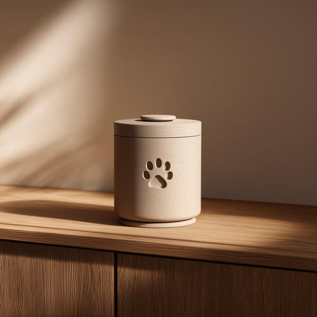 3D printed cylindrical pet cremation urn with a minimalist paw print detail, displayed as a modern memorial decor piece.