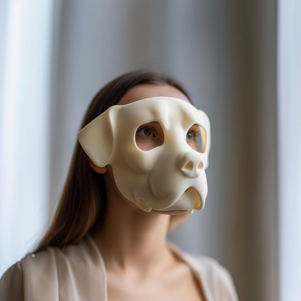 3D printed Bulldog Face Costume Mask with smooth minimal design, worn by an adult model indoors