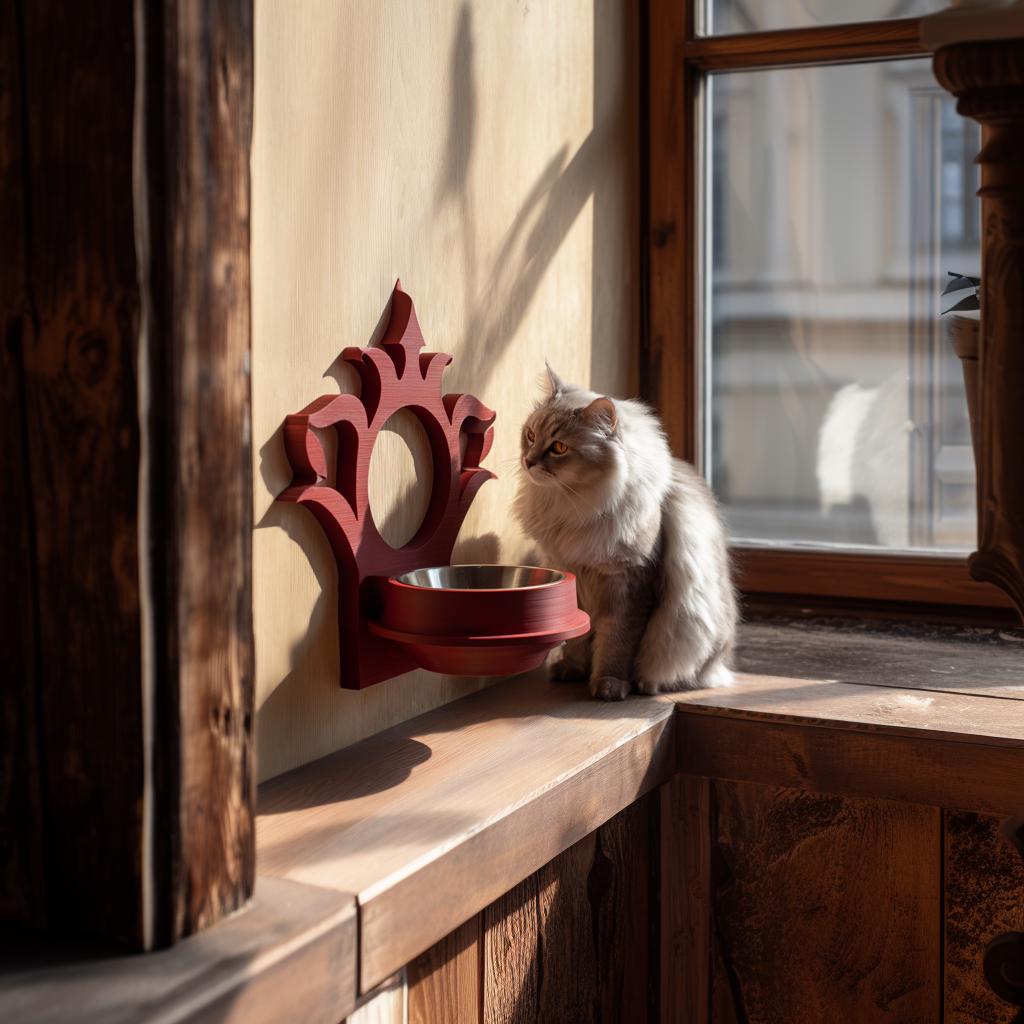 3D printed gothic wall pet bowl holder featuring an ornate gothic frame with a circular bowl opening