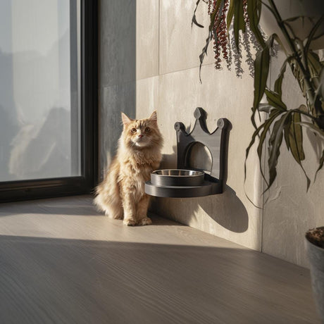 3D printed crown wall pet bowl holder featuring a crown shaped backplate and circular bowl holder