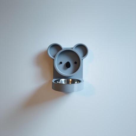 3D printed koala wall pet bowl holder featuring a friendly koala face backplate and round bowl opening