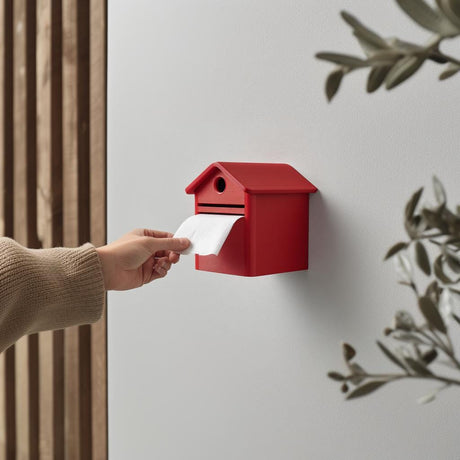 3D printed mailbox toilet paper holder featuring a small house body, pitched roof and front paper opening