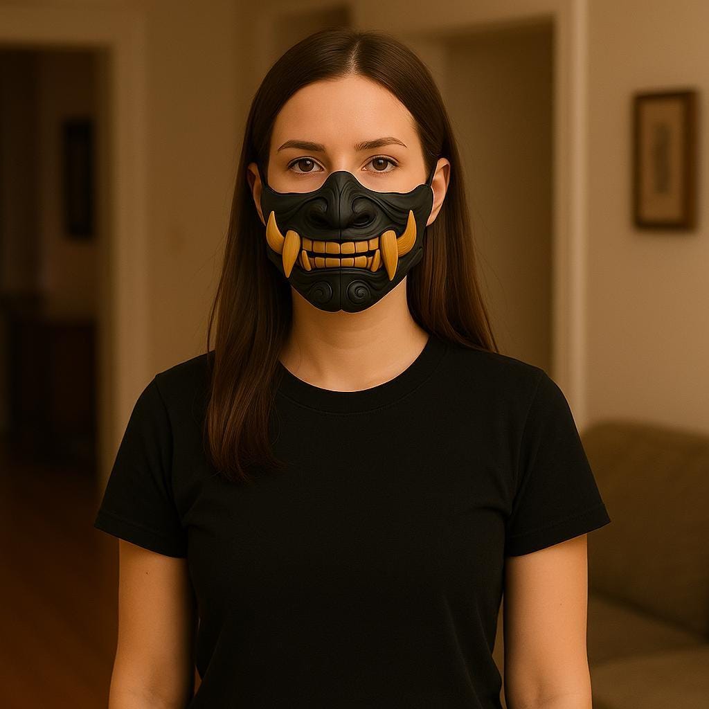 Alternate product view of 3D Printed Oni Mempo Half Face Mask.