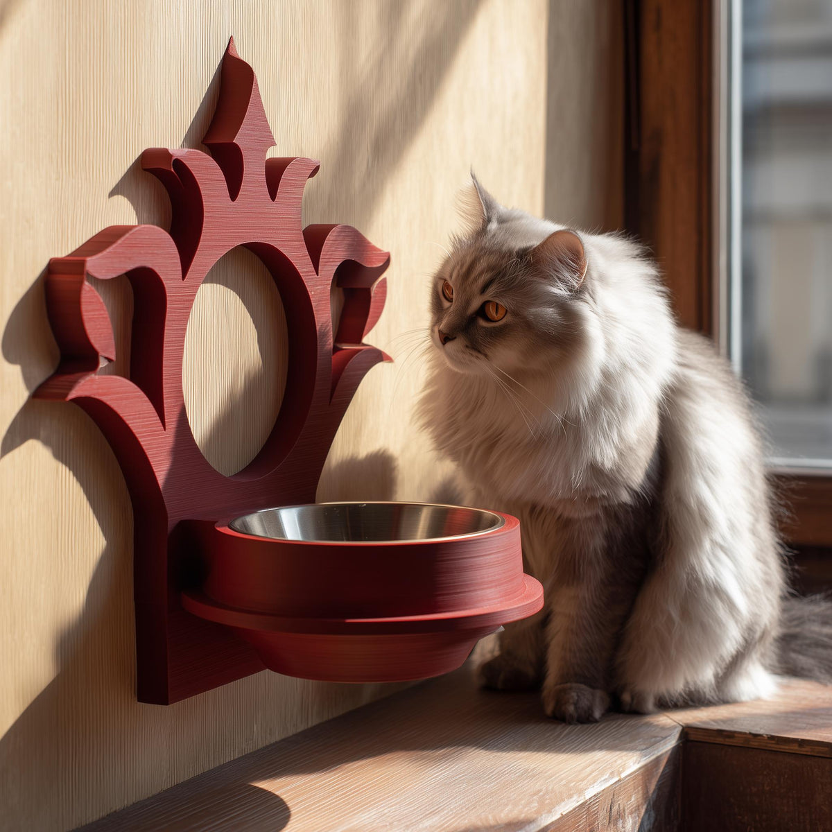 3D printed gothic wall mounted pet bowl holder with ornate frame and circular cutout for a bowl.