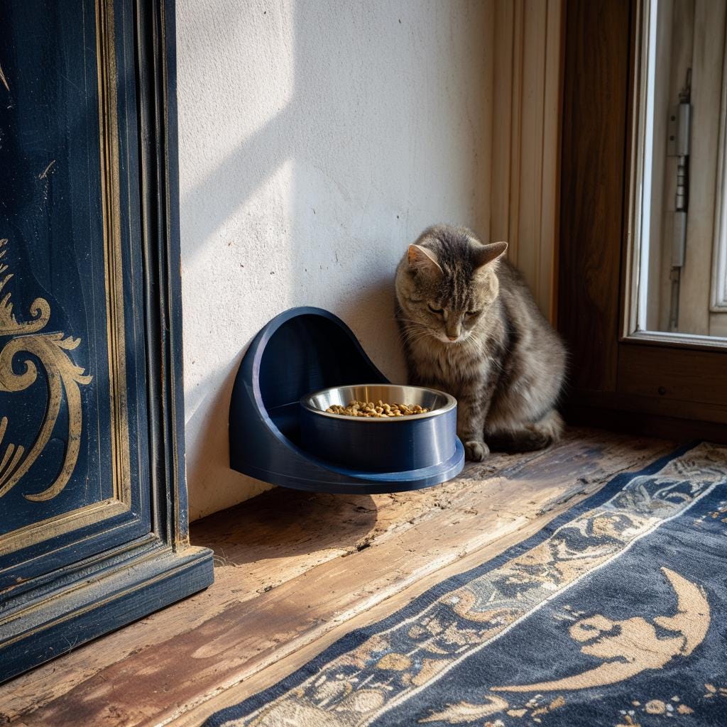 3D printed minimal wall pet bowl holder featuring a curved wall bracket with a circular bowl opening