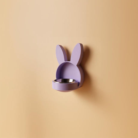 3D printed bunny wall mounted pet bowl holder featuring rabbit ear shapes on the backplate and a round bowl opening