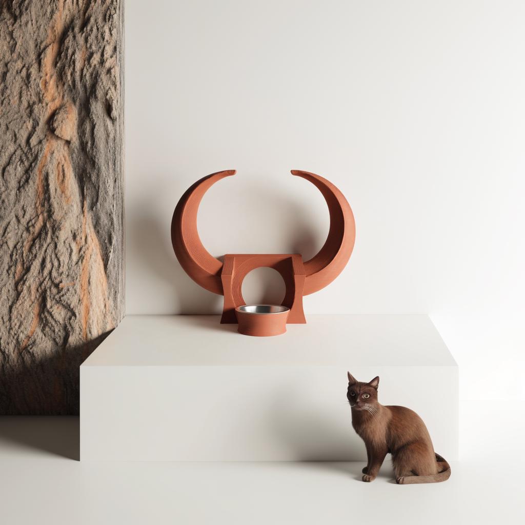3D printed horned pet feeding bowl stand featuring two curved horns around a circular bowl opening